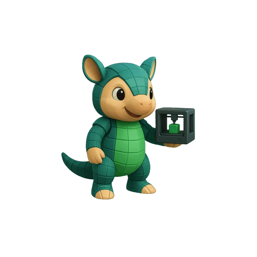 Mascote da NeoVale 3D, Tatu verde e amarelo segurando uma impressora 3D